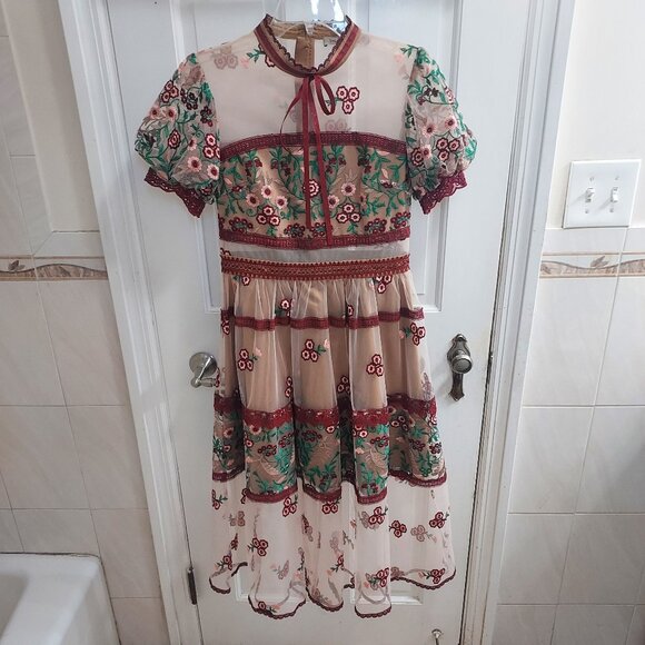 Lulualways Mesh Embroidery Floral Red Lace Dress - Picture 2 of 10